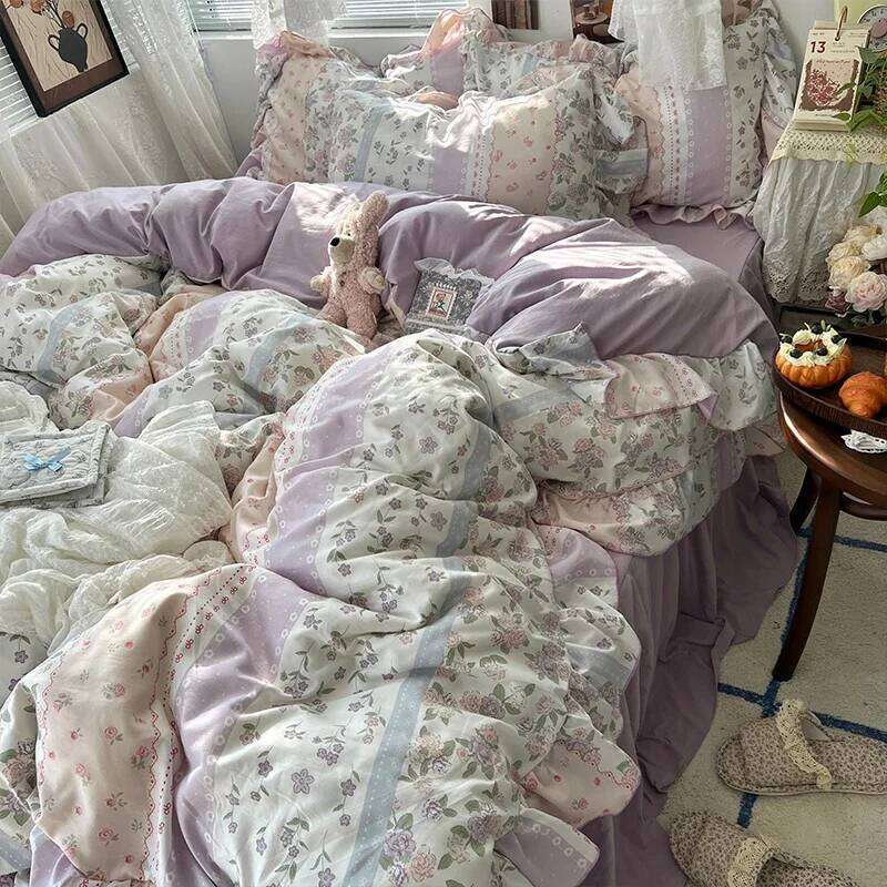 3/4Pcs Korean Princess Style Floral Ruffles Bedding Skin-friendly Soft Duvet Cover Set Sheet Or Bed Skirt Pillowcases H260311