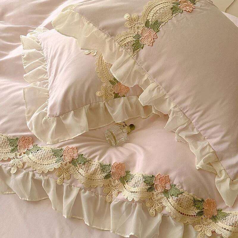 Korean Princess Style Flowers Lace Ruffles Duvet Covers Bed Skirt/Fitted Sheet Pillowcase Bedding For Girls Home Textiles H260311