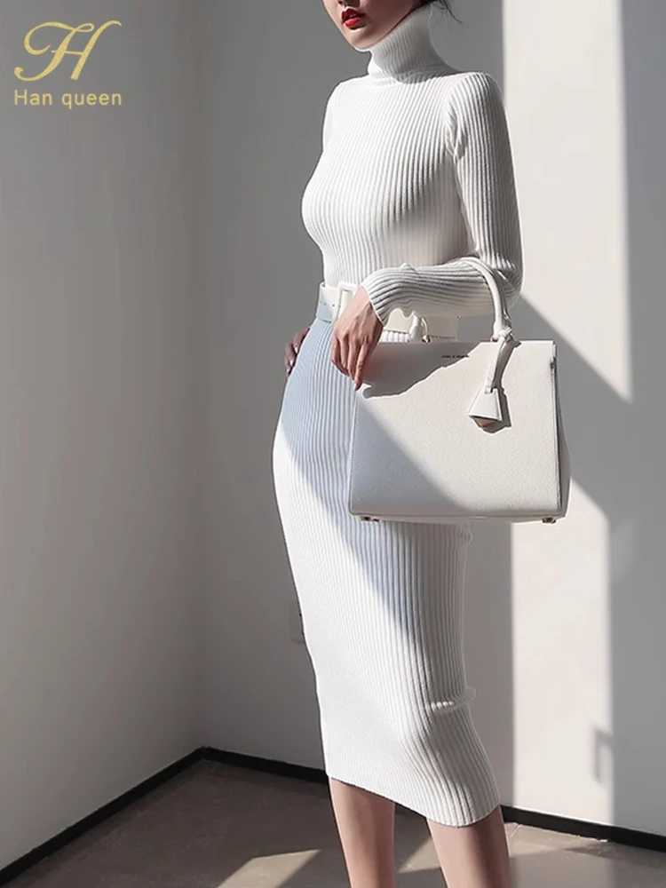 H Han Queen Knitted Turtleneck Sweater Bodycon Dress Bottoming Women Soft Elastic Autumn Winter Midi Party Dresses With Belt M260311