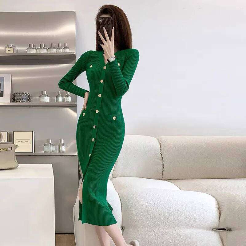 Autumn Winter Knitted Bodycon Midi Women Korean Slim V Neck Single Breasted Long Dress Woman Elegant Split Sweater Dresses Z260311