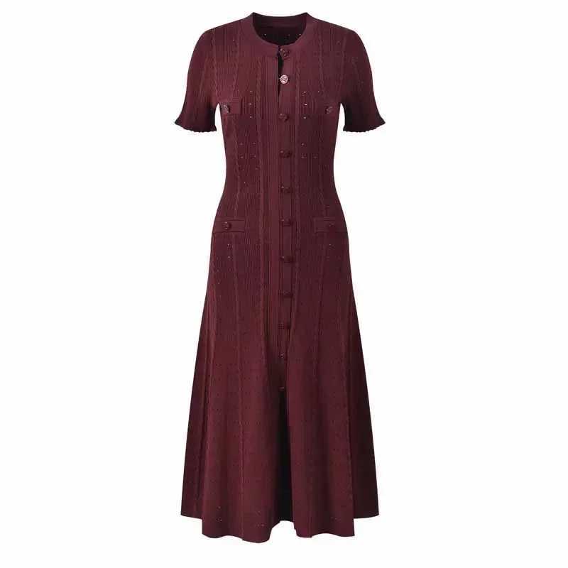 Summer Solid Round Neck Short Sleeved Office Lady Knitted Dress Women Korean Single Breasted Hollow Out Long Dress Fashion Trend M260311