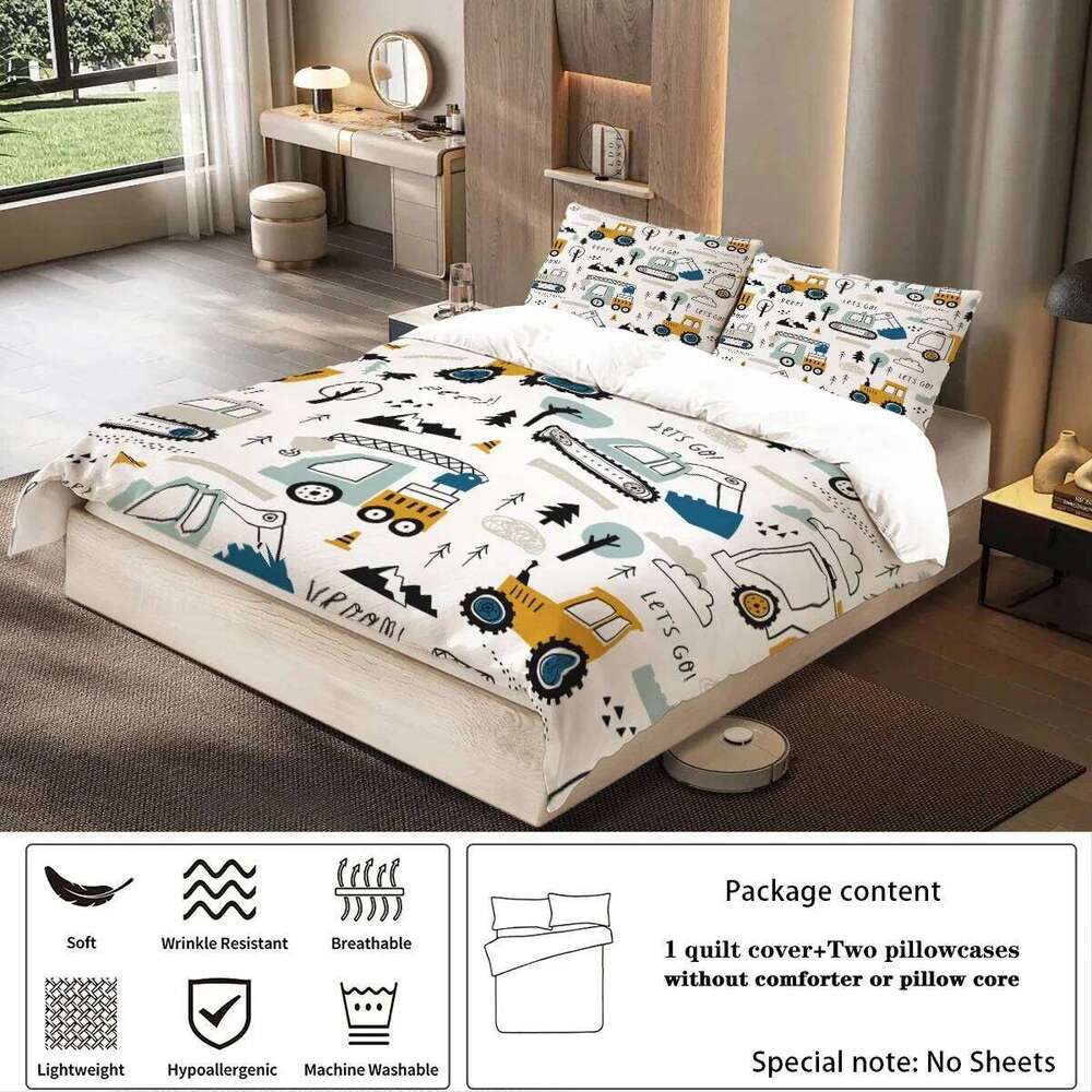 Three-piece set 1 duvet cover + 2 pillowcases, coreless, cartoon engineering vehicle element print bedding set, multiple sizes H260311