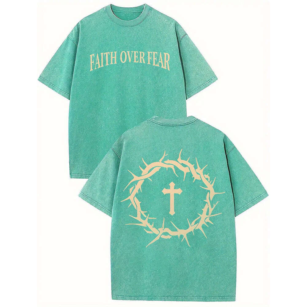 Washed Vintage Cotton T-Shirt Crown of Thorns &Cross Print Faith Over Fear Slogan Trendy Men's American Street Over sized Short Sleeve