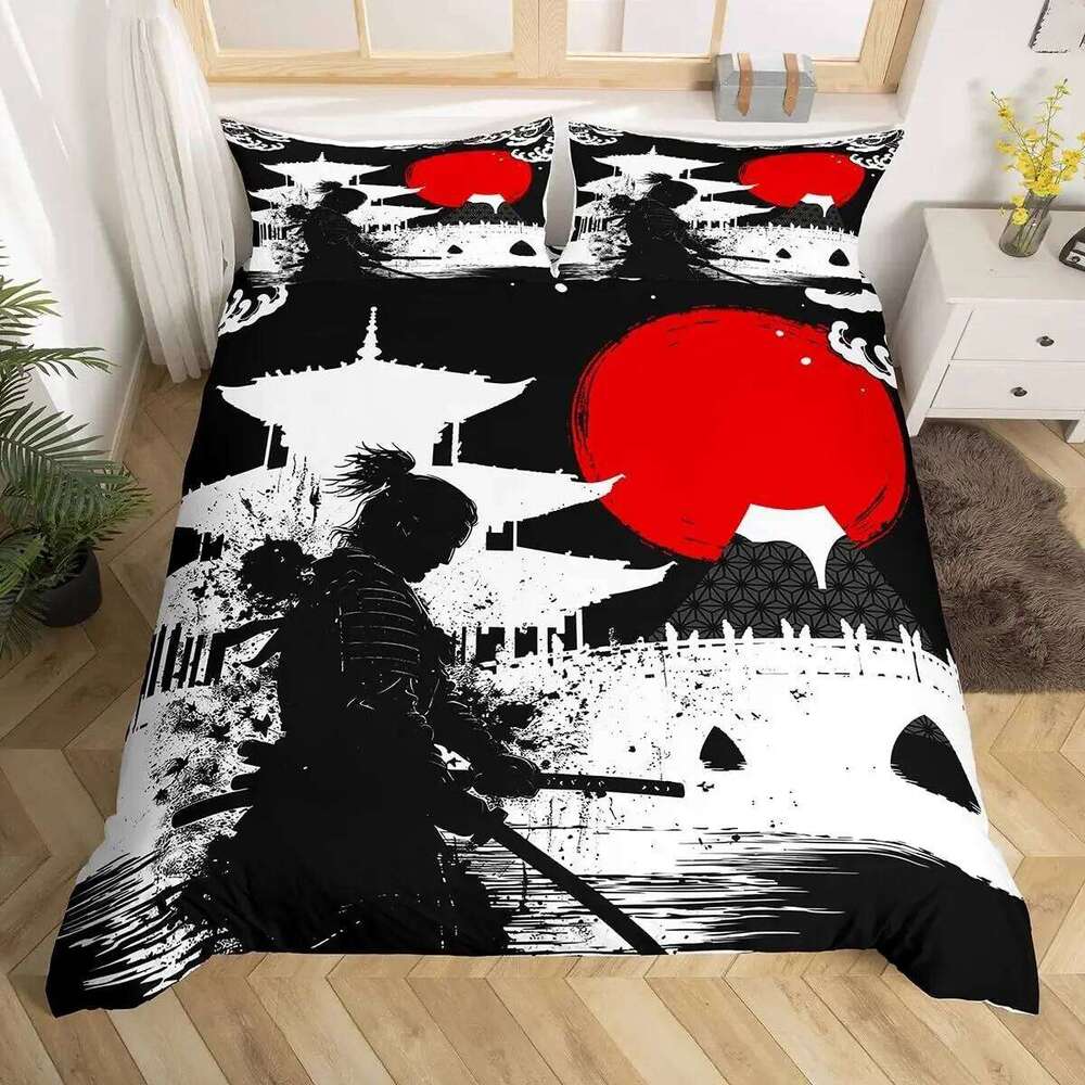 Japanese Samurai Bedding Set Full Size Cherry Blossoms Comforter Red Sun Hokusai Duvet Fuji Mountain Quilt Cover H260311