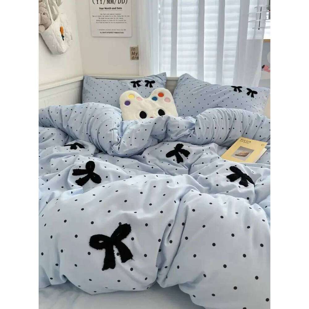 Ins Style Girl Blue 1.5m/1.8m Fitted Bow Towel Bedding Embroidery Washed Cotton Four-piece Set Bed Sheet Three-piece H260311