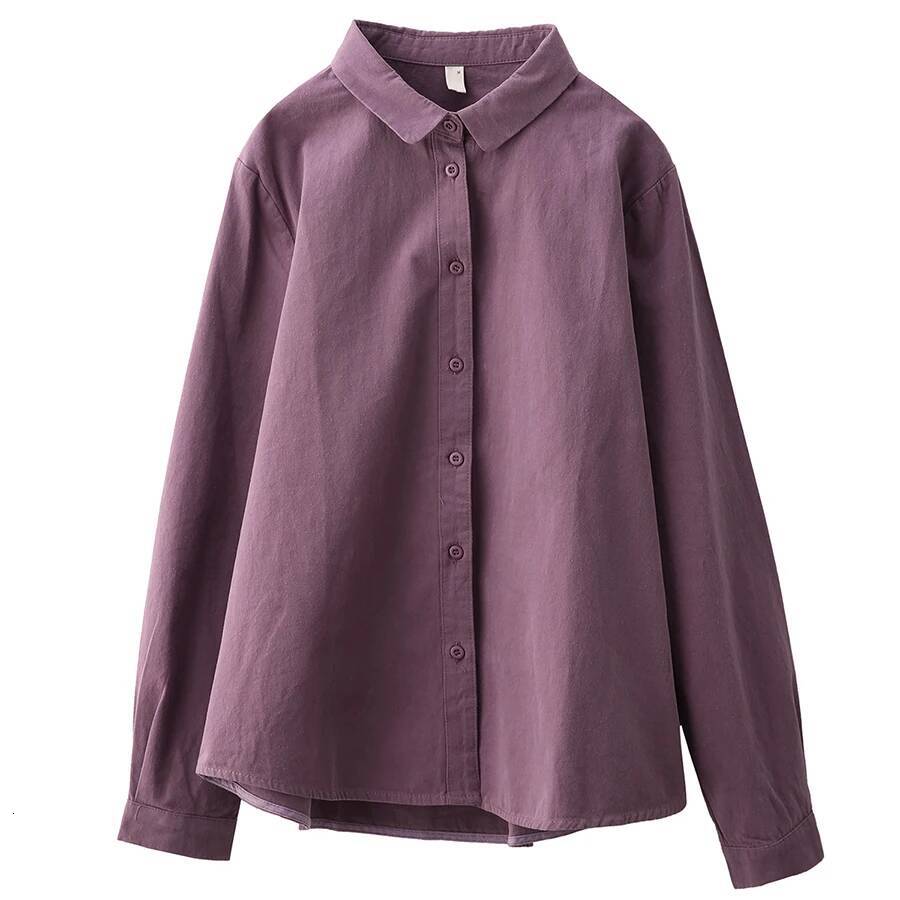 Retro Pure Cotton Long Sve irt Women's Spring Sle Loose Fit Color Casual Top Breathable Comfortable Skin-Friendly