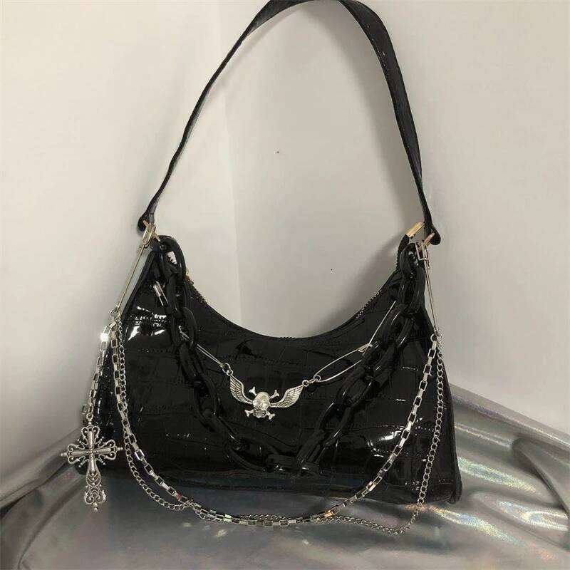 Gothic Dark Punk Underarm With Skull Shoulder Y2k Chain Crocodile Pattern Crossbody Bag Korean Popular Aesthetic Bags XJ260311