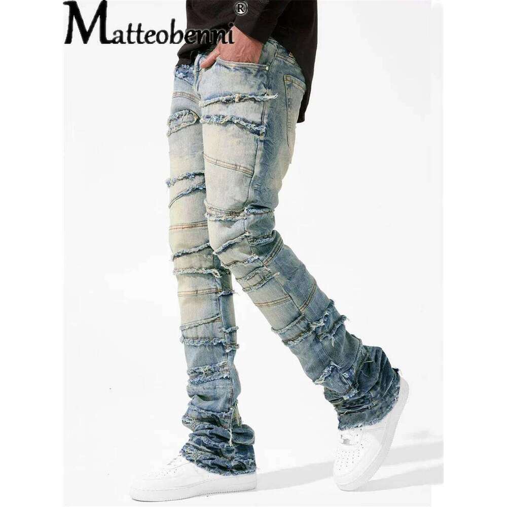 Vintage Men's Straight Jeans Male Youth Four Seasons Casual Patchwork Denim Pants 2025 Fashion High Waist Trousers Streetwear Z260225
