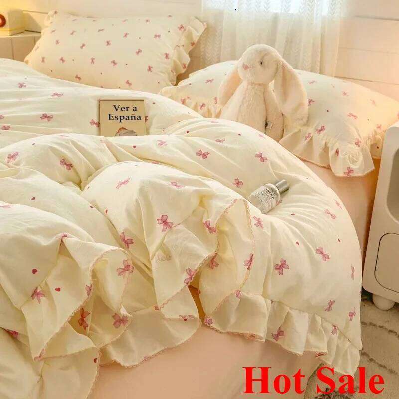 New Princess Style Bedding Sets Ruffle Lace Bow Quilt Romantic Bedclothes Decor Woman Girls Bedroom Duvet Cover 4pcs H260311