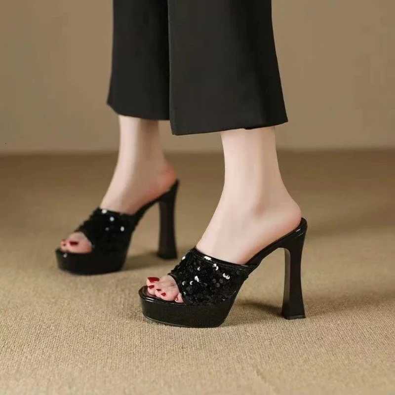 Black Thick Sole Slippers Women 11cm Thin High Heels Bling Sequined Transparent Crystal Platform Sandals 2024 Summer Woman Shoes K260311