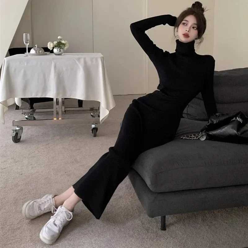 Sexy Black Turtleneck Knitted Bodycon Dress Women Long Sleeve Sweater Dress Woman Korean Bottoming Long Dresses Office Lady M260311