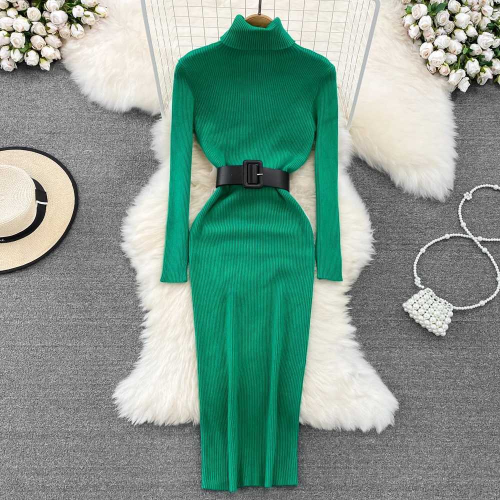 REALEFT Autumn Winter 2025 New Turtleneck Womens Knitted Dresses with Belted Long Sleeve Elegant Bodycon Wrap Dress Female M260311