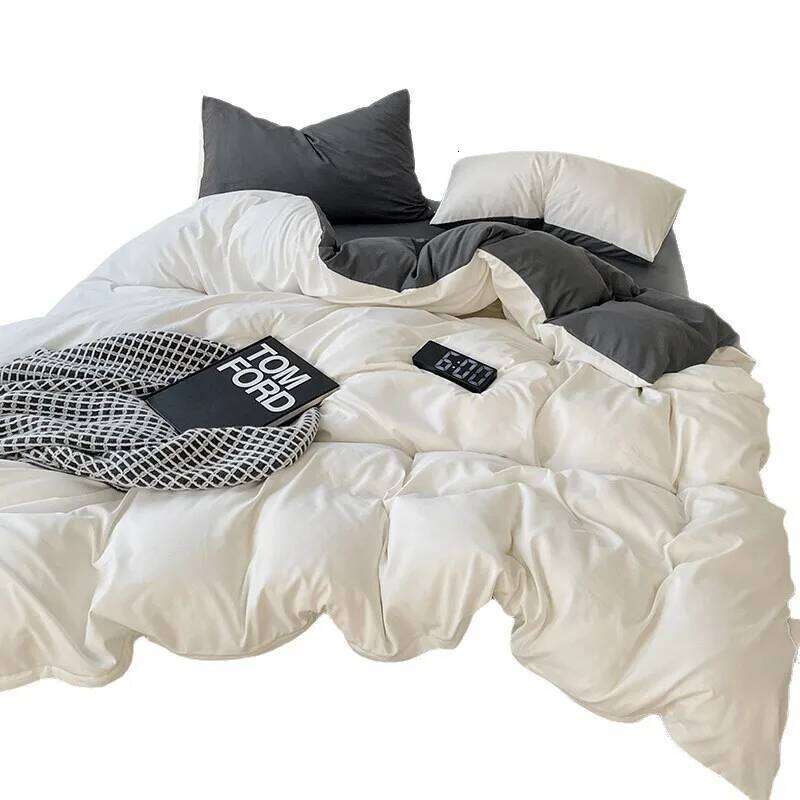 Duvet Cover Linen Sleeping Plain Four-piece Small Fresh Solid Color Washed Cotton Sheet Quilt Bed Three-piece Set H260311 - view 6