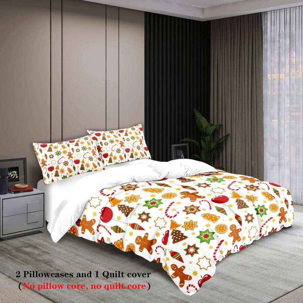 3-piece Christmas Cute Gingerbread Man Pattern Print 1 duvet cover+2 pillowcases, no core Comfortable Bedding Set H260311