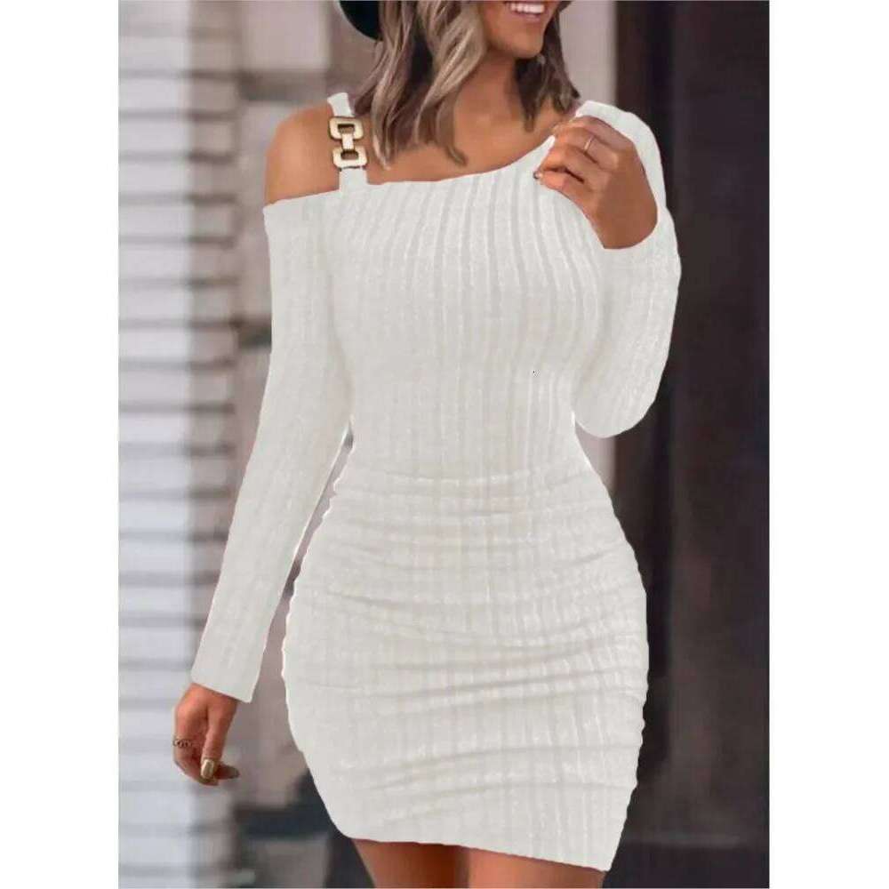 Autumn Winter New Solid Button Oblique Off Shoulder Tight Wrap Hip Slim Sexy Long Sleeve Mini Dress Women Clothing Z260311