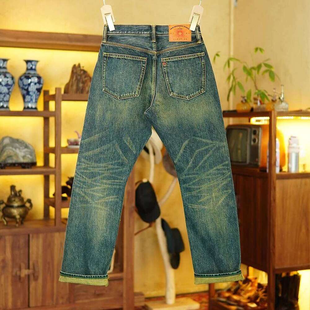14.5oz Emerald Green Red Selvedge Denim Jeans for Men Autumn American Vintage 100% Cotton Casual Relaxed Straight Leg Pants 5KM Z260225