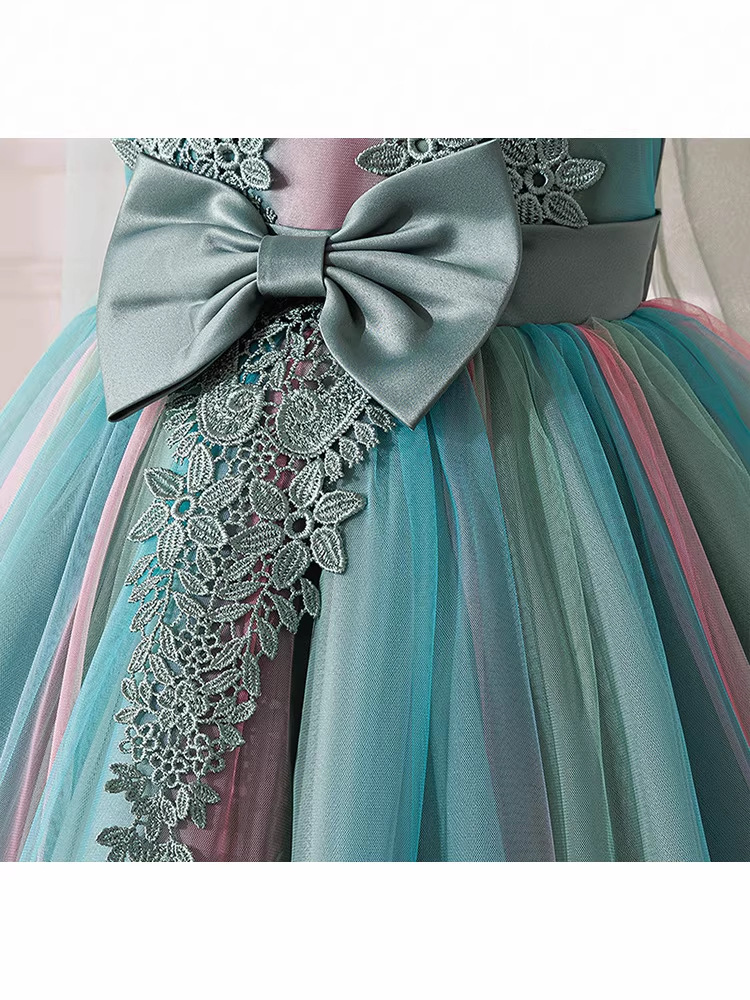 Girls Toddler Green Rainbow Tulle Princess Dress Kids Lace Bow Back Wedding Party Gown Children Formal Evening Prom Dress for Birthday Pageant Photo S