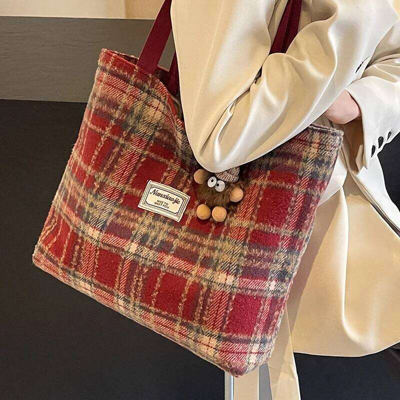 Vintage Plaid Wool Tote Spacious Handbag Shoulder Bag, Stylish, Adorable Handbags, Perfect for Commuting or Casual Outings XJ260311