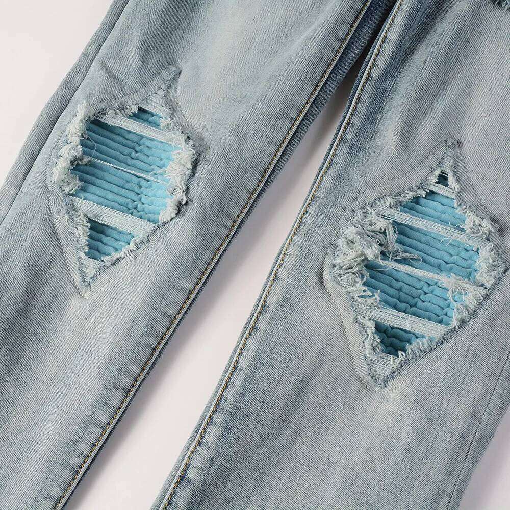 Men Sky Blue Velvet Patch Stretch Denim Jeans Pleated Patchwork Ripped Biker Pants Holes Distressed Skinny Tapered Trousers Z260225