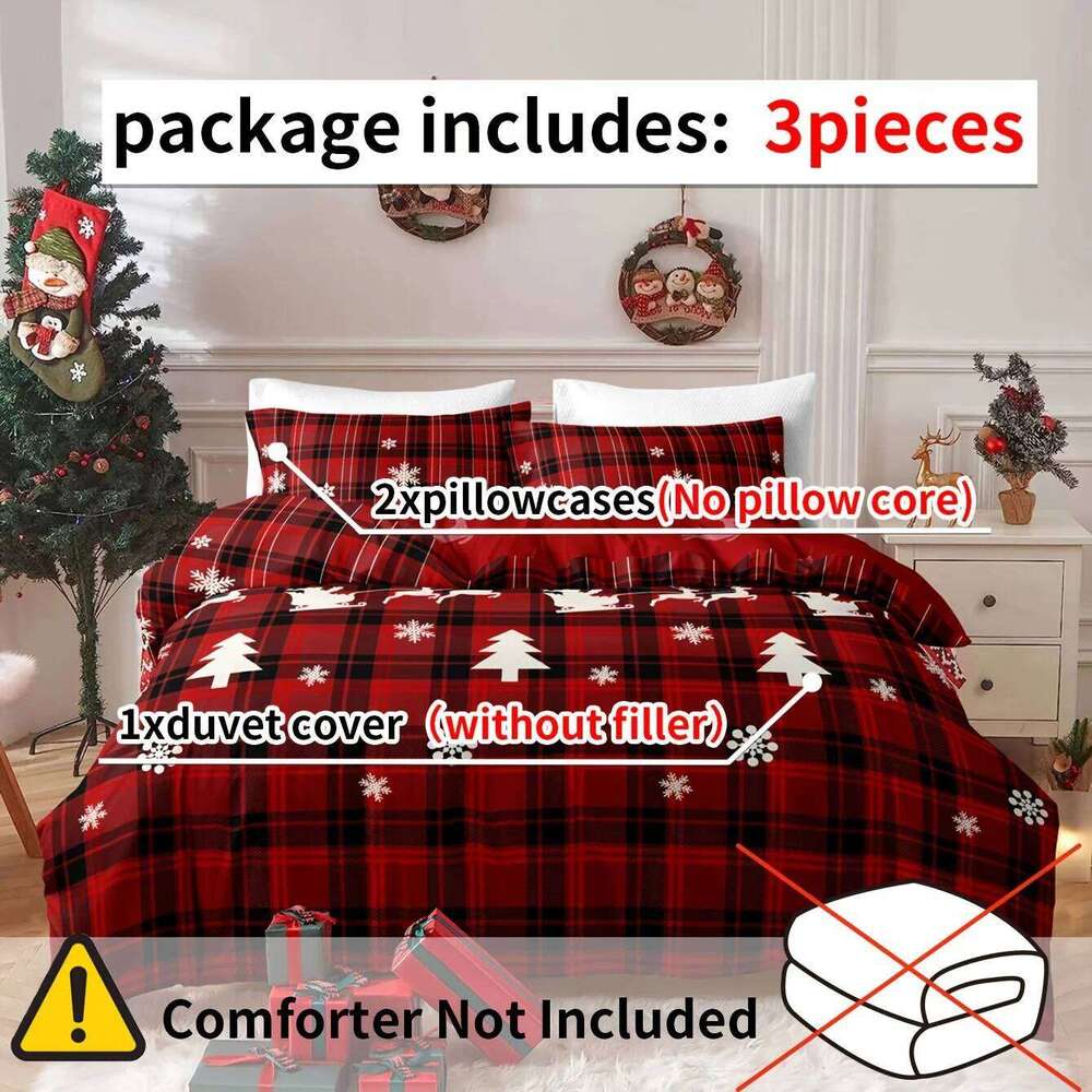 3-Piece Christmas-Themed Duvet Cover Set Soft, Breathable, and Hypoallergenic Fabric - Checkered Elk Snowflake Print Design, P H260311