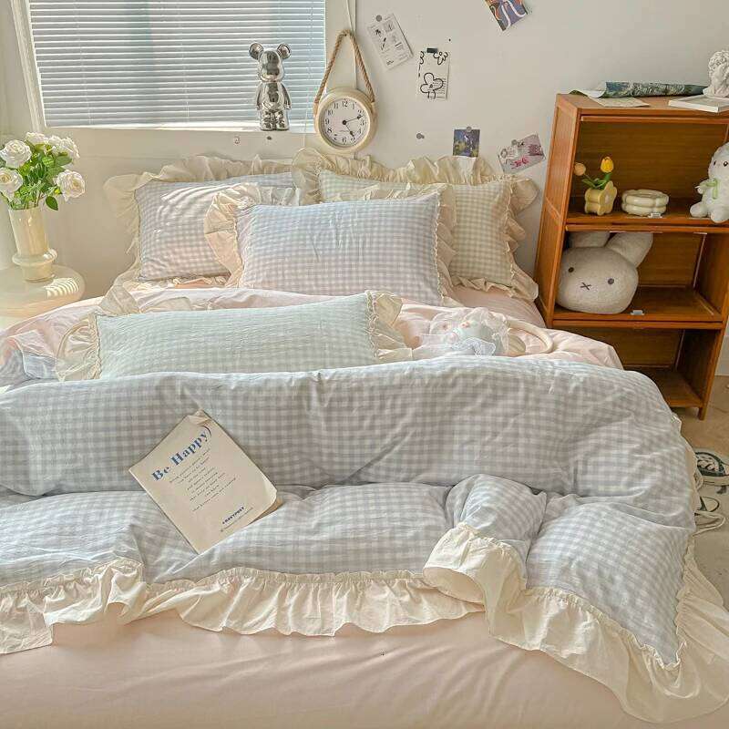 Korean Princess Bedding Soft Skin-friendly Lattice Lace Ruffles Quilt Cover Plaid Style Duvet Covers Set Pillowcases H260311 - view 5