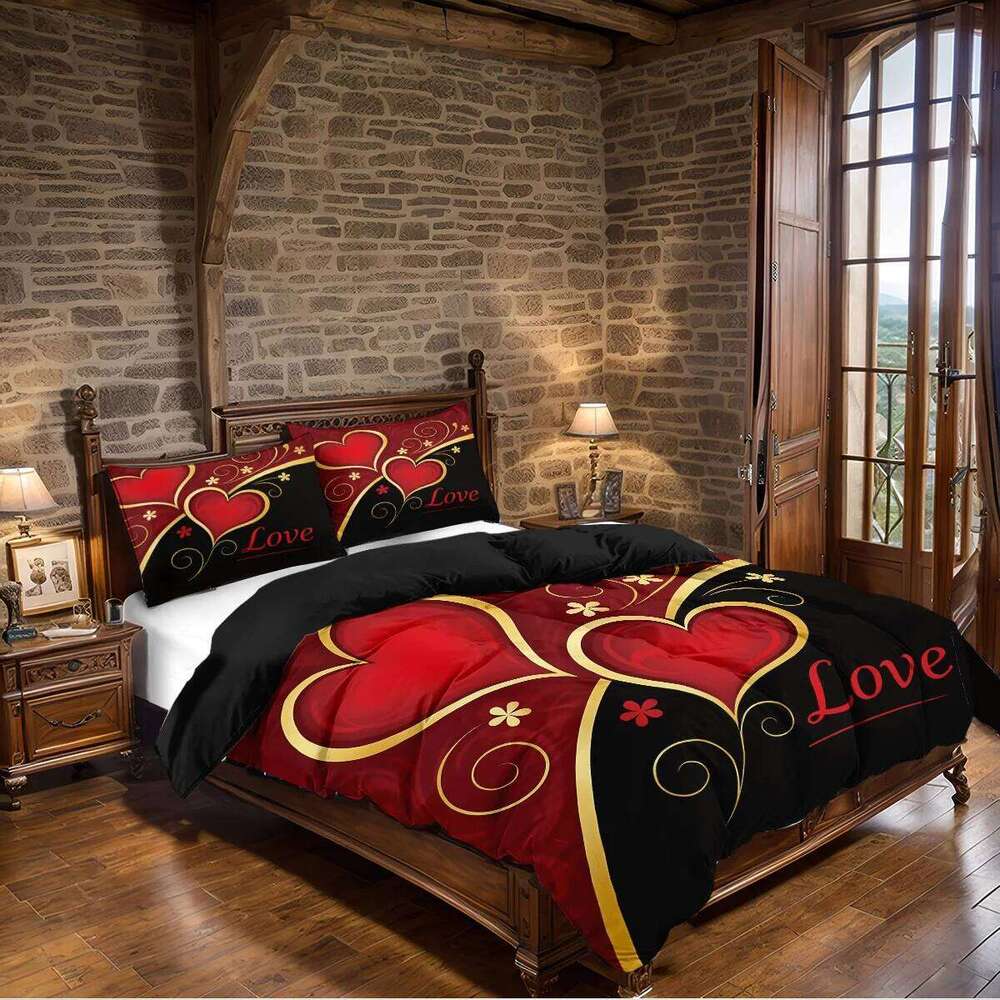 3pcs 1 duvet cover, 2 pillowcases, coreless, black and red Valentine's Day heart, Love design printed pattern bedding set H260311