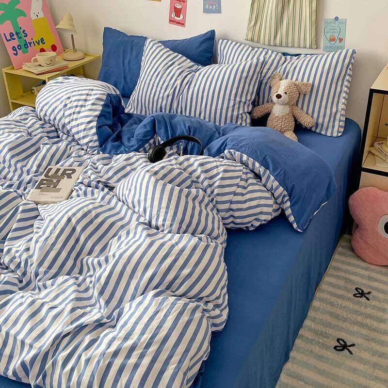 Pink Stripe Bedding Duvet with Pillowcase bed sheet Full Size Linen Quilt Cover Set Queen/King Double Single Bed H260311