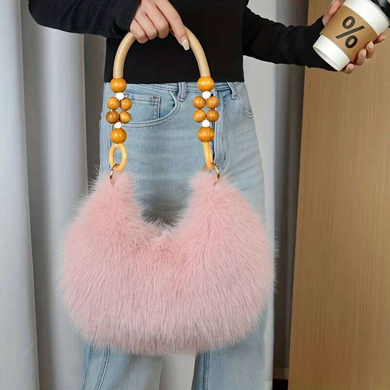 Women's Handbag, Plush Faux Tote Purse with Bead Accented Strap, Zipper Closure Elegant Handbags Shoulder Bags for Everyday XJ260311