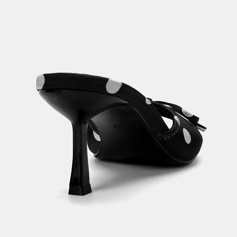 Black Polka Dot Design Summer Women High Heels Sandals Bow Decoration Open Toe Chic Party Stiletto Plus Size Ladies Mules Shoes K260311