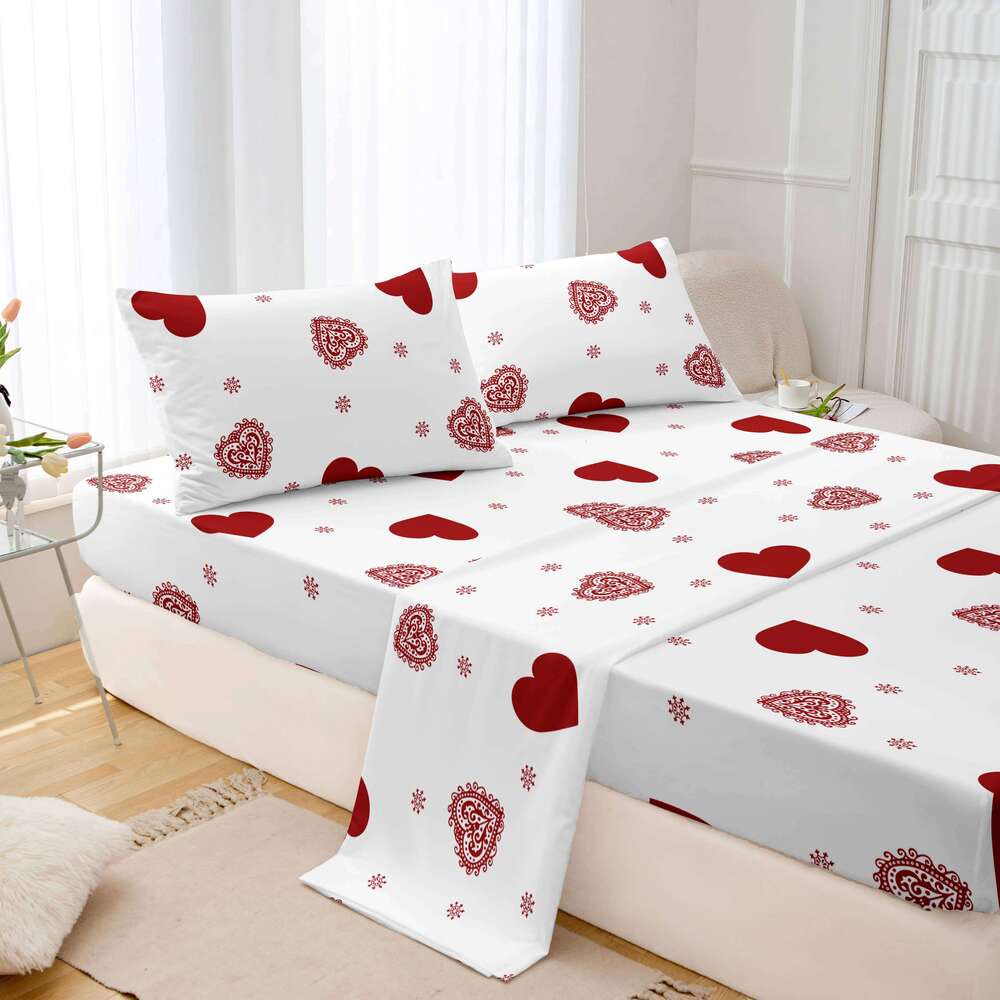 4pcs heart symbol brushed Fitted sheet+flat sheet+pillowcase set skin friendly breathable Queen Size Flat bed sheet Pillowcases H260311
