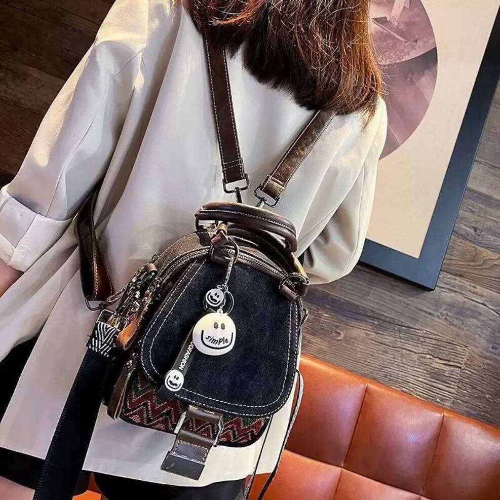 OLOEY Denim Small Backpack New Contrast Color Women Bag Retro Ethnic Style Embroidered Multifunctional Bagpack Crossbody Bolsa