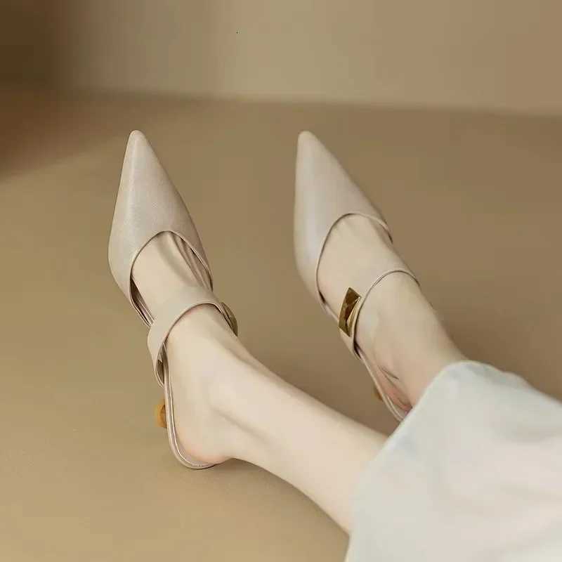 Women Kitten Heels Mules Golden Pointed Toe Summer Sandals Fashion Beige Ladies Casual Med Heels Shoes K260311