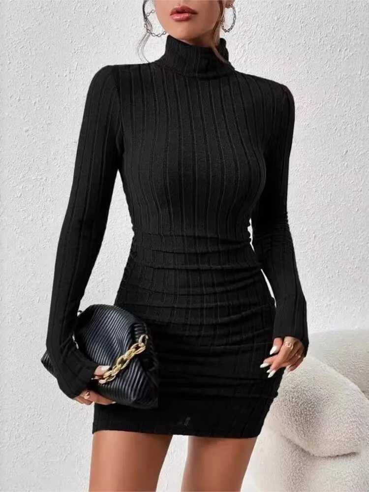 New Solid Dresses Autumn Winter Women Long Sleeves Turtleneck Sexy Bodycon Sheath Mini Dress Club Elegant Party Knitted Dresses a04 M260311