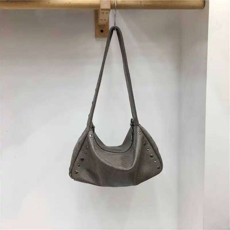 Punk Style Rivet Design Soft Leather Underarm Bags Women Solid Color Casual Shoulder Bag Large Capacity Lady Handbags XJ260311