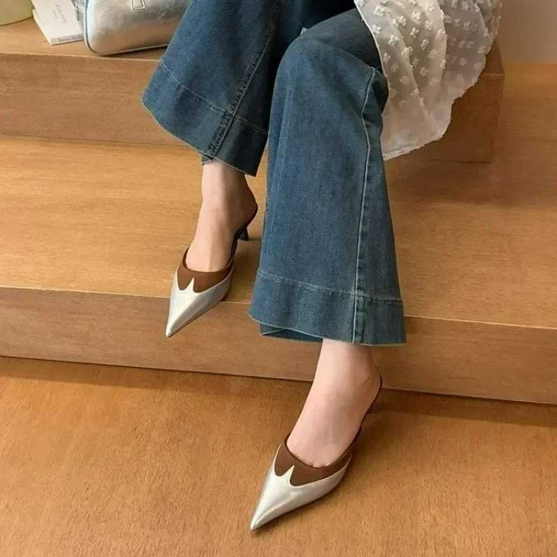 Elegant pointed stitched heart-shaped high heels mule womens 2025 silver black brown shoes designer high heels K260311