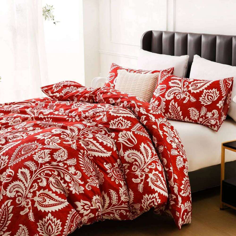 Boho White Paisley Floral Duvet Twin Bohemian Exotic Flower Bedding Set Reversible Red Comforter Cover for Girl Women Room H260311