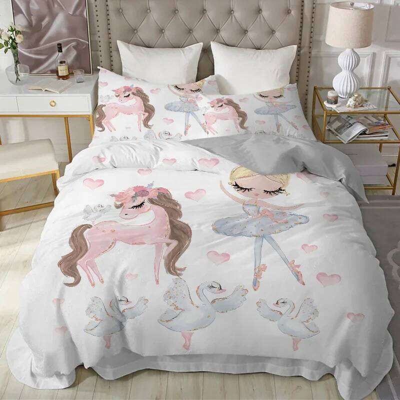 Modern Lovely Princess Kids Bedding Set Twin Size Microfiber Cartoon Unicorn Swan Ballet Girl Print Duvet Cover With Pillowcases H260311
