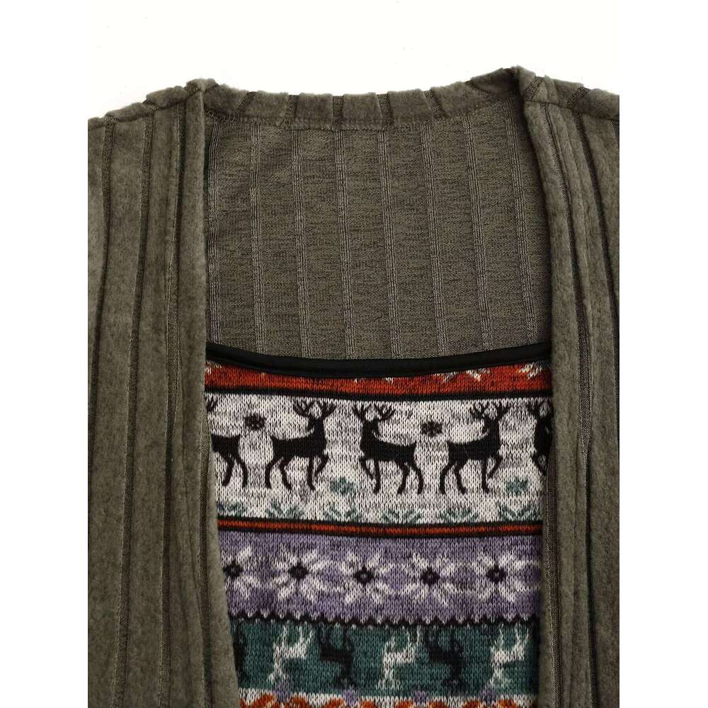 European American fashion women's snowflake and Christmas elk printed stitching buckle rib knit dress Z260311