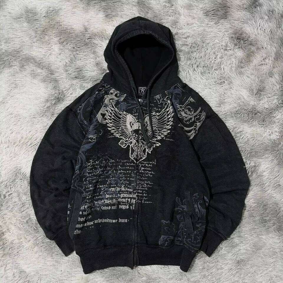 Harajuku Y2K New Fleece Thickened Goth Print Zipper Women Street Hip Hop Joker Loose Sweatshirt Couple Casual Punk Hoodie 26H0311