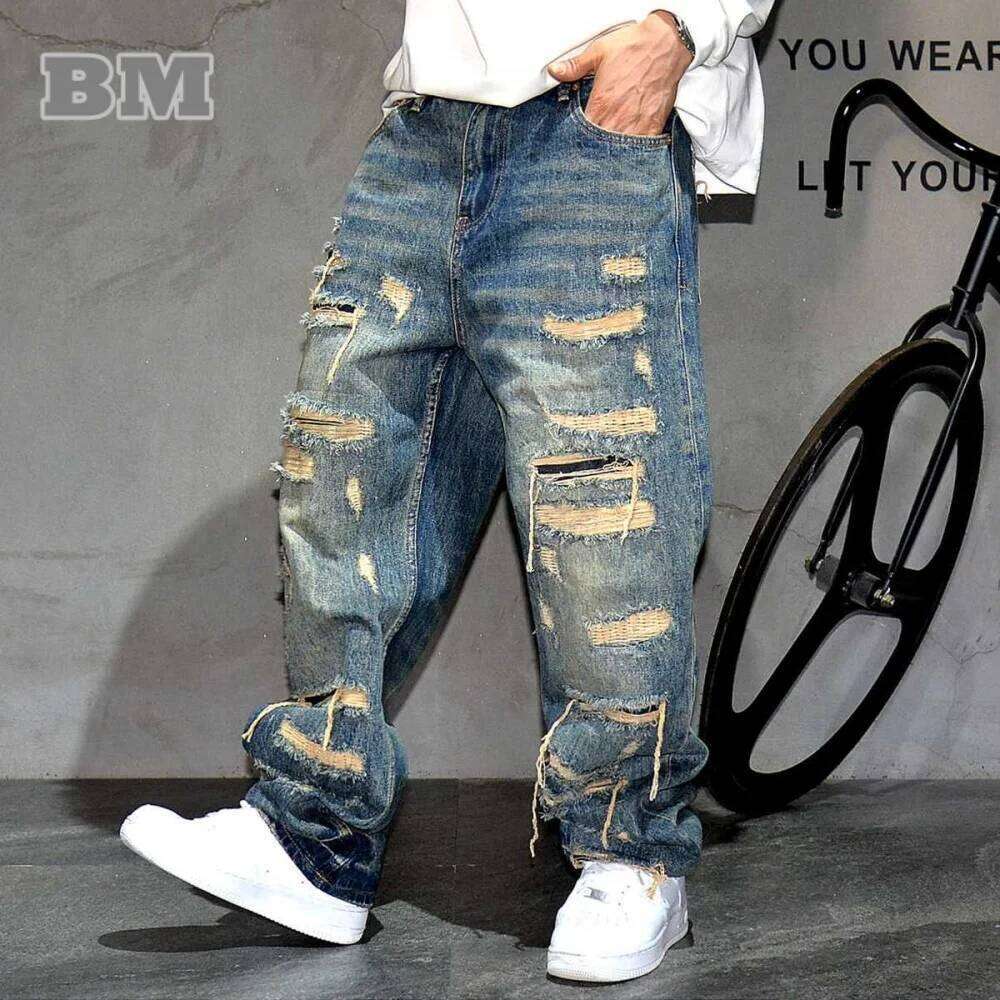 Mens Ripped Baggy Jeans Distressed Denim Streetwear Skateboard Pants Straight Leg Patchwork Oversized Urban Fashion Workwear Z260225