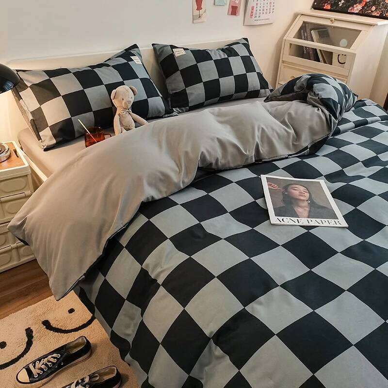 Pure Cotton Cover Set,Bedding Set With Plaid Stripe,1 Duvet Cover,1 Flat/Fitted Sheets,1/2 Pillowcases,Soft Simple Style H260311 - view 4
