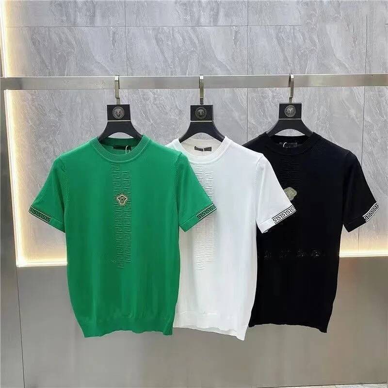 Summer New Men's Ice Silk Short Sleeve Casual Trendy Brand Thin Breathable Round Neck Embroidered Knitted T-shirt