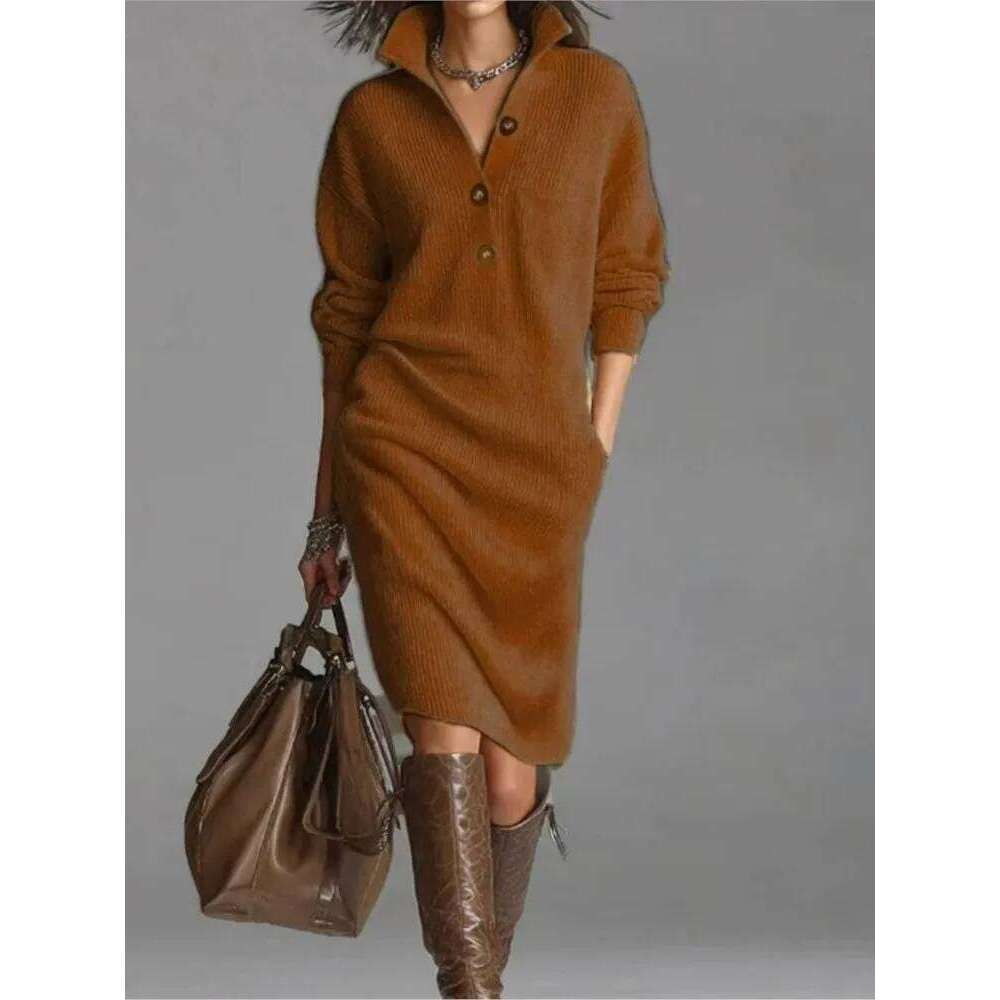 Autumn Fashion Knitted Button Lapel Women Dress Casual Loose Pocket Lazy Straight Over The Knee Long Sleeve Sweater FemaleDress Z260311