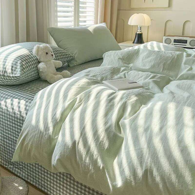 Nordic Duvet Cover with Zipper Simple Plaid Flat Sheet Pillowcases No Filler Pink Blue Hotel Twin Queen Size Bedding Set H260311 - view 7