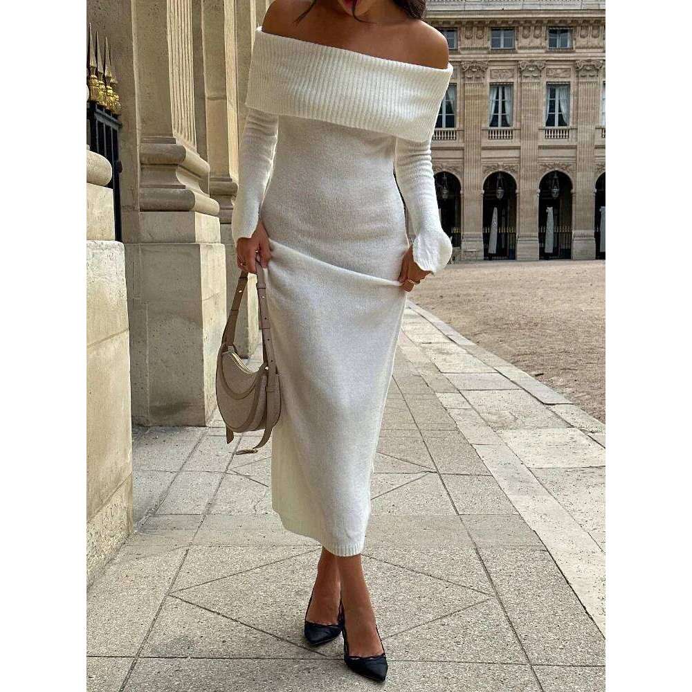 Sexy Slash Neck Knitted Party Midi Dress Women Off Shoulder Split Long Sleeve Ribbed Lady Knitwear Hip Package Elegant Robe Z260311
