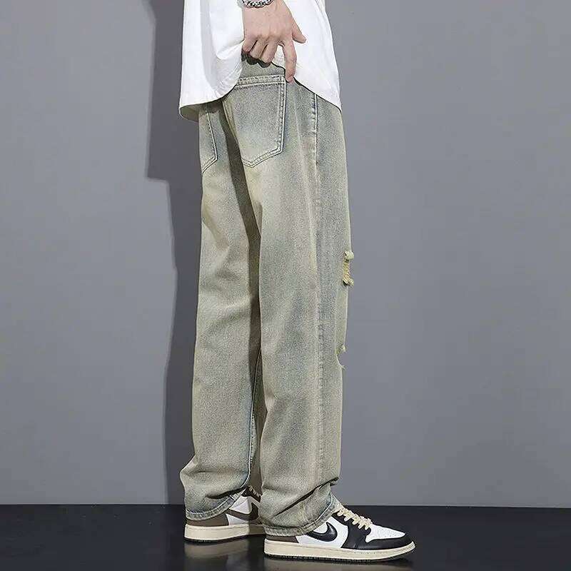 Summer New High Street American Vintage Distressed Jeans Men Button Zipper Pockets Trendy Loose Casual Wide Leg Straight Pants Z260225