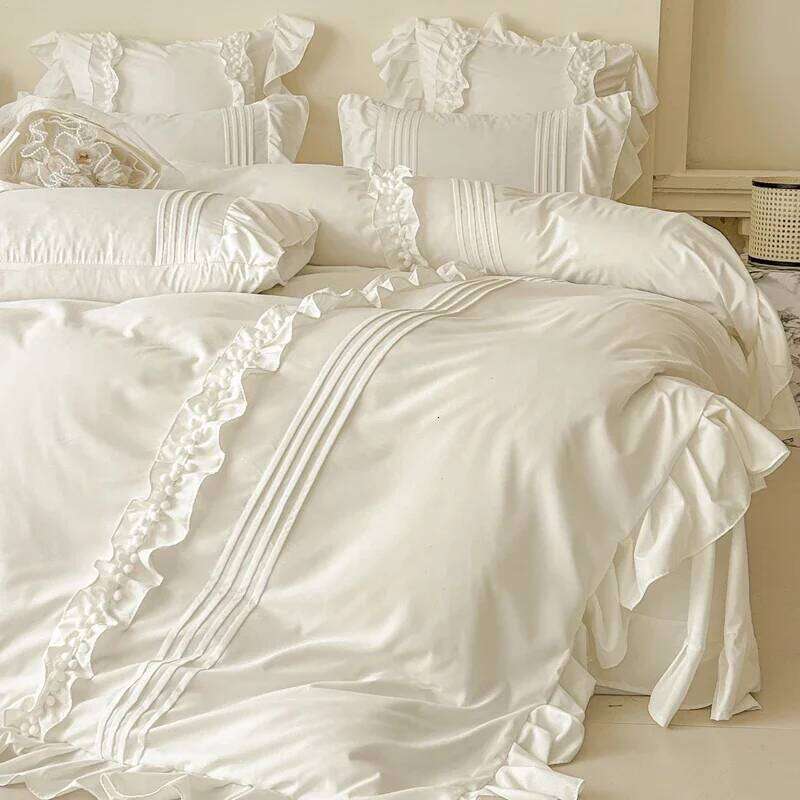 Korean Princess Style Lace Ruffles Bedding Solid Color Duvet Cover Set Flat/Fitted Bed Sheet With Pillowcases H260311 - view 4