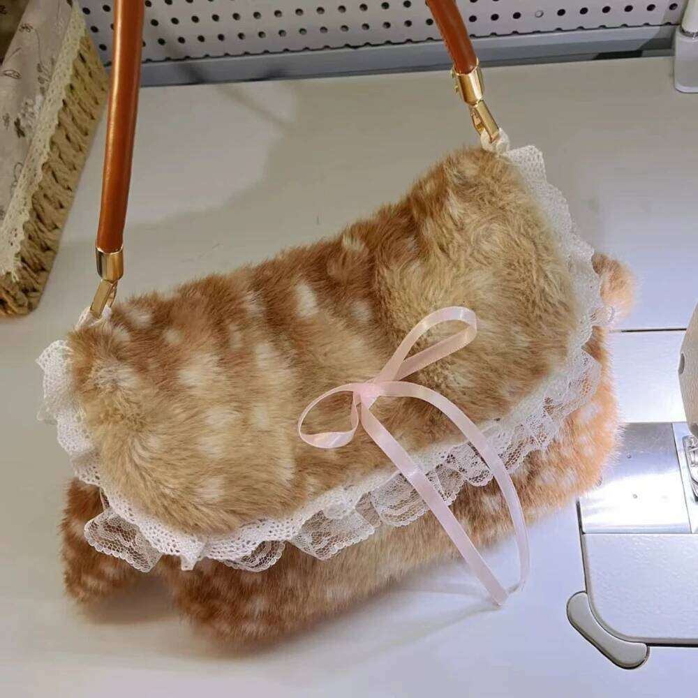Cute Plush Deer Spot Pattern Handbag Ins Kawaii Commuter Women's Faionable Versatile oulder Bag Autumn Winter New Arrival XJ260311