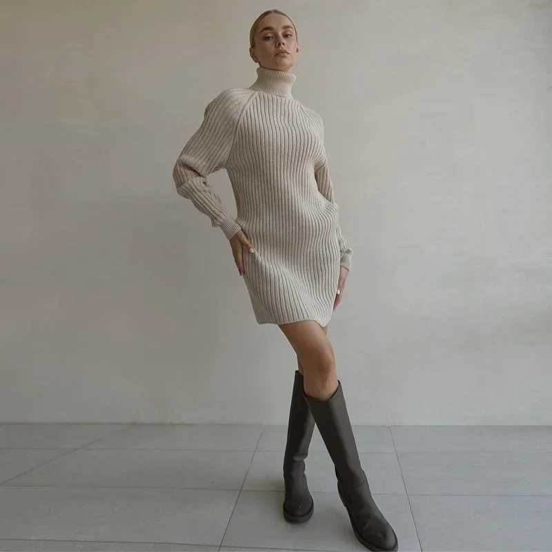 White Turtleneck Knitted Dresses Woman Winter Autumn Oversized Sweater Dress Fashion Long Sleeve Mini Dress Casual Knitwear M260311