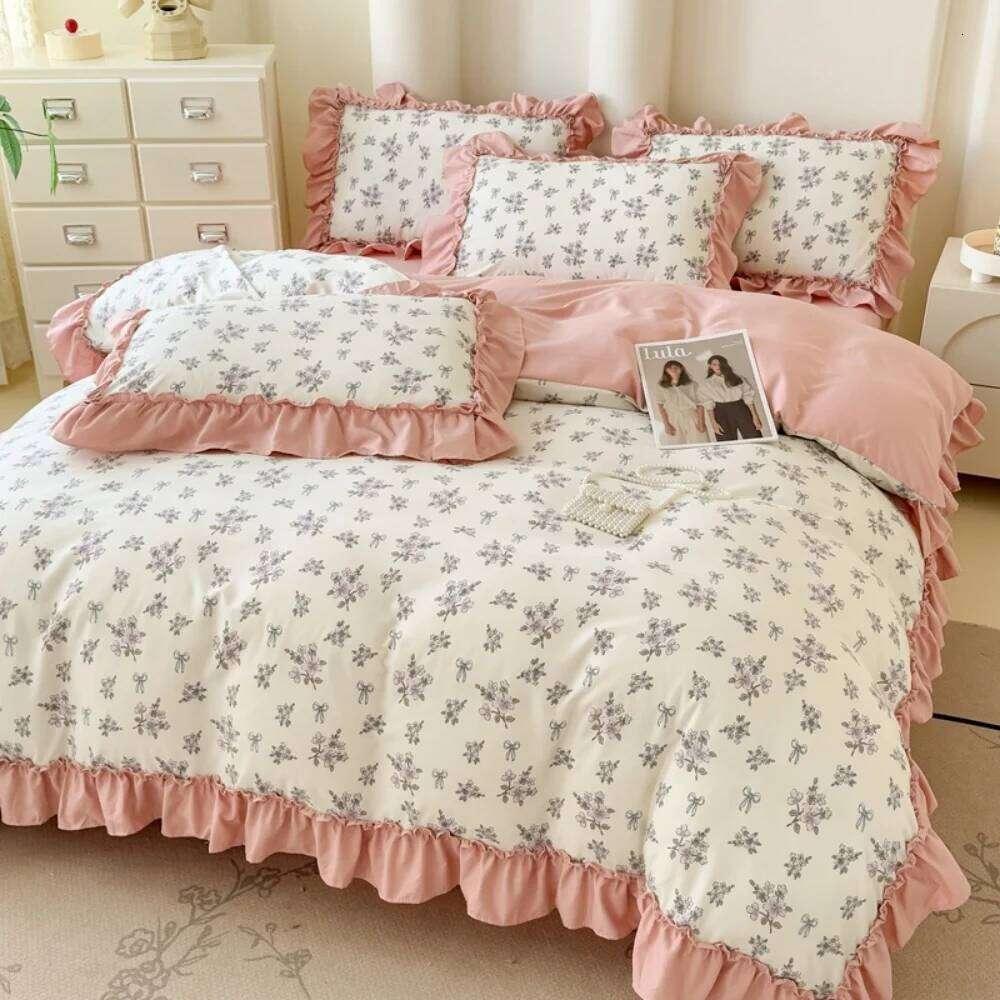 Korean Style knitted Double-Layer Yarn Four Piece Floral Lace Ruffles Bedding Set Soft Quilt Cover Bed Sheet Pillowcase 4Pcs H260311